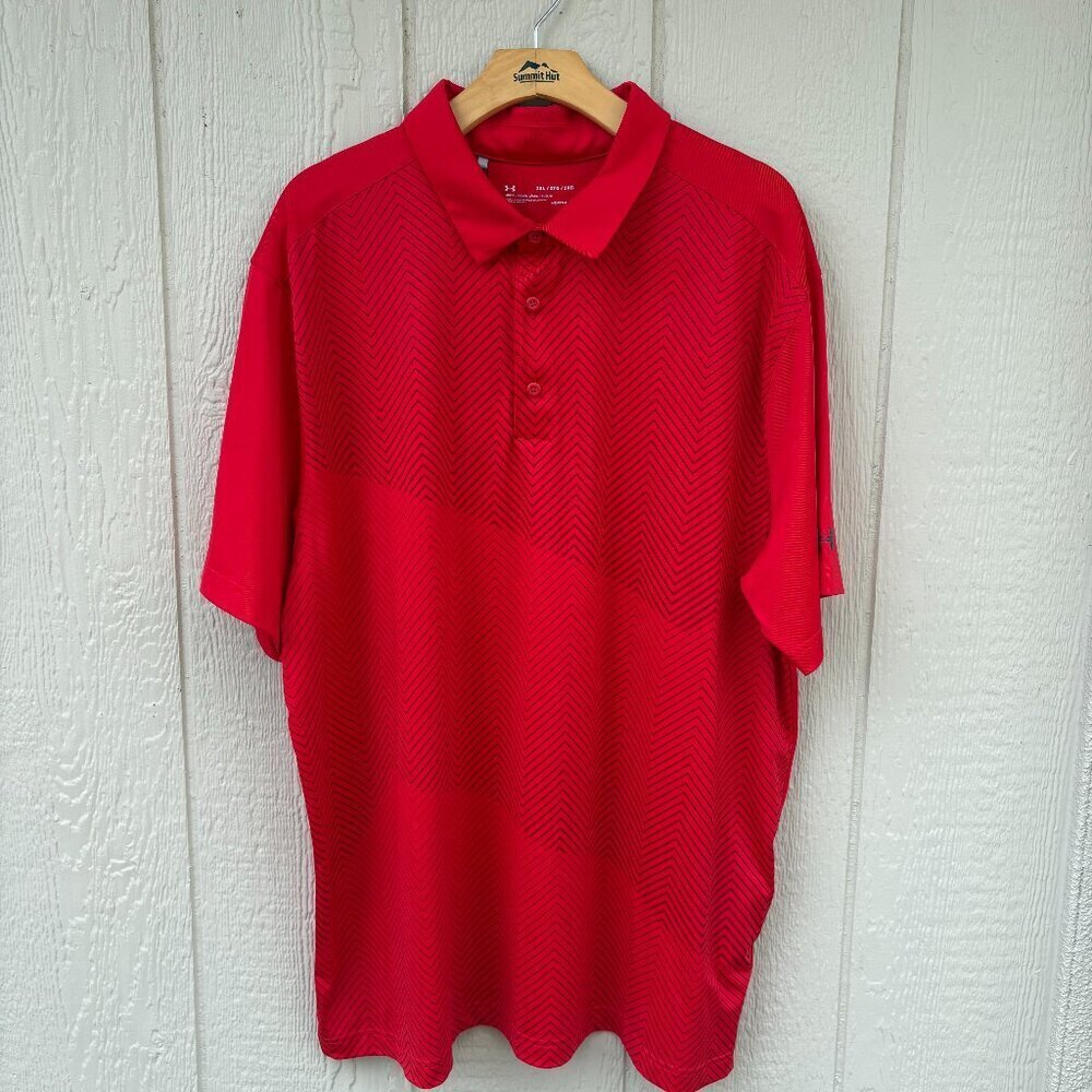 Under Armour Flawless Golf Polo Shirt Men's 2XL Red Chevron Loose Fit Heatgear